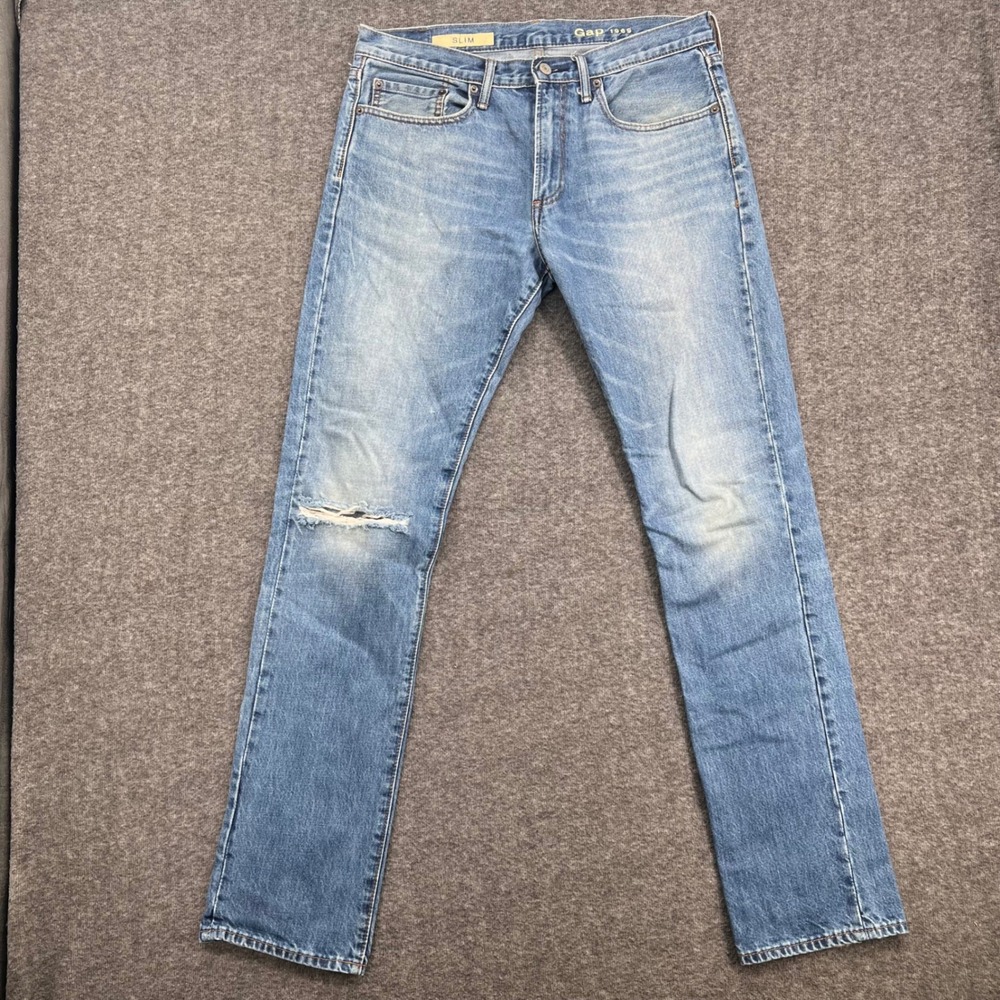 Gap 1969 Slim Fit Light Wash Distressed Ripped Knee Denim Jeans Mens 32 Blue